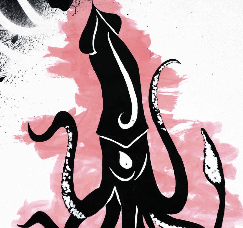 Ausschnitt einer Tierpostkarte in schwarz, weiß, rot. Zu sehen ist der Kopf eines Riesenkalmars sowie seine Arme.